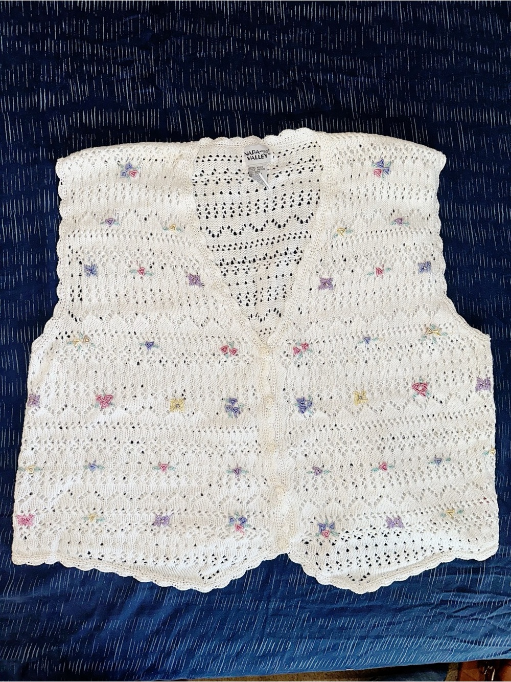 Vintage Floral Knit Crochet Sweater Vest Sz 2X Cottagecore Granny Embroidered